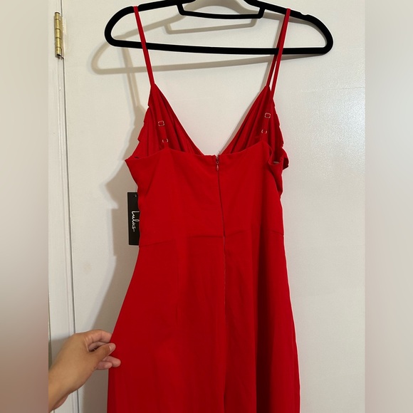 NWT LULUS Cherry Red Criss Cross Bodice Cutout Surplice Wide Leg Jumpsuit - Picture 8 of 13